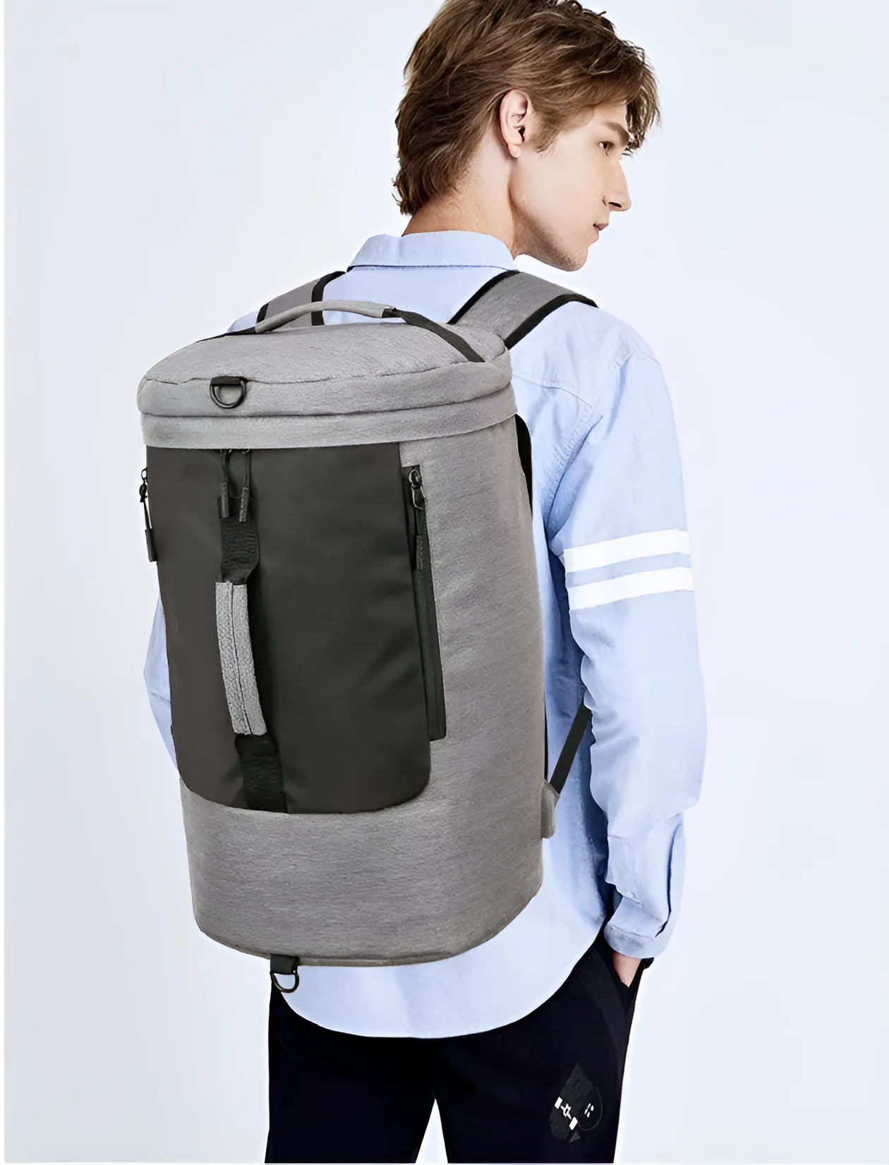 Large-capacity waterproof duffel bag for men, polyester, 36-55L, cylinder shape, light grey colour