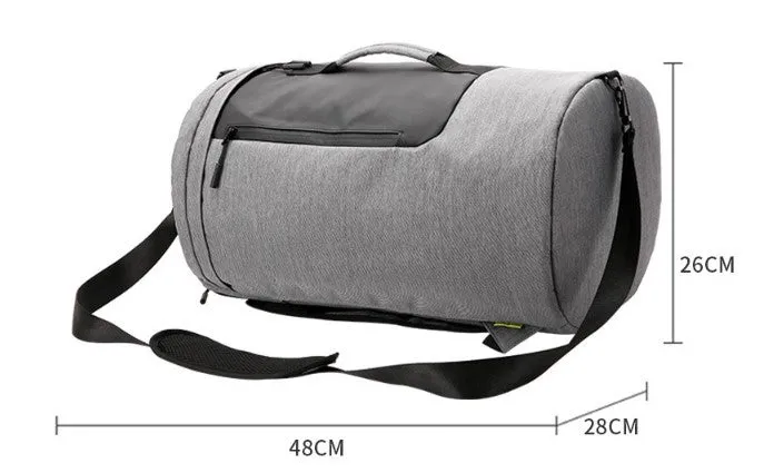Large-capacity waterproof duffel bag for men, polyester, 36-55L, cylinder shape, light grey colour