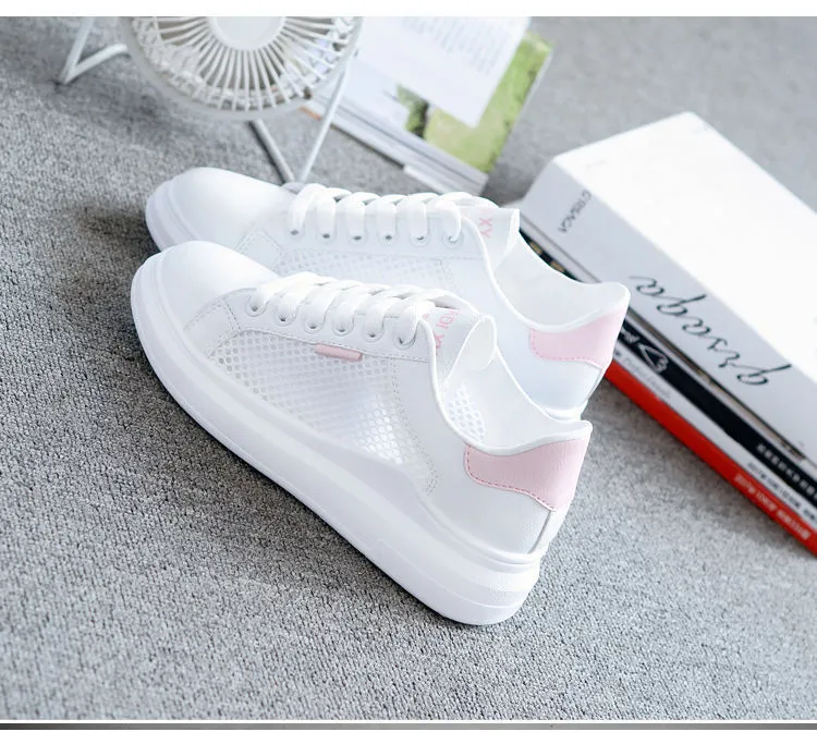 Women's casual mesh breathable sneakers, lightweight lace-up with rubber sole, available in black, light blue, pink