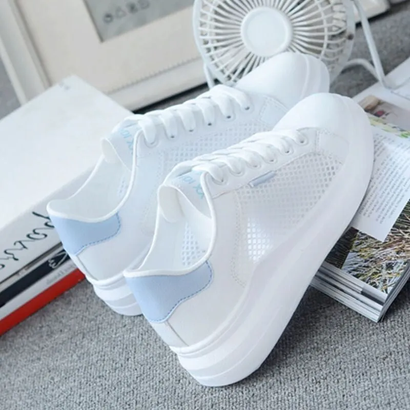 Women's casual mesh breathable sneakers, lightweight lace-up with rubber sole, available in black, light blue, pink