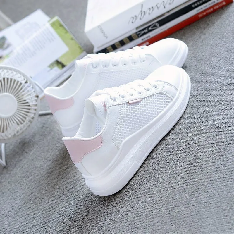 Women's casual mesh breathable sneakers, lightweight lace-up with rubber sole, available in black, light blue, pink