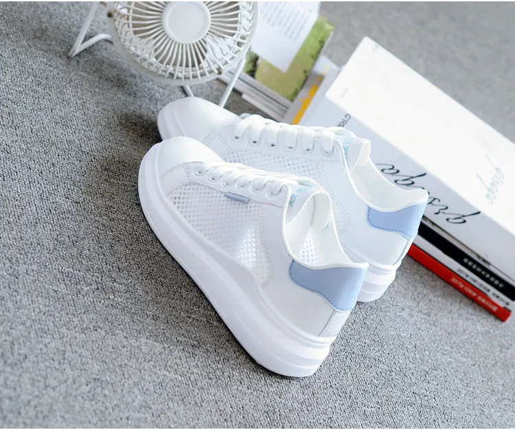 Women's casual mesh breathable sneakers, lightweight lace-up with rubber sole, available in black, light blue, pink