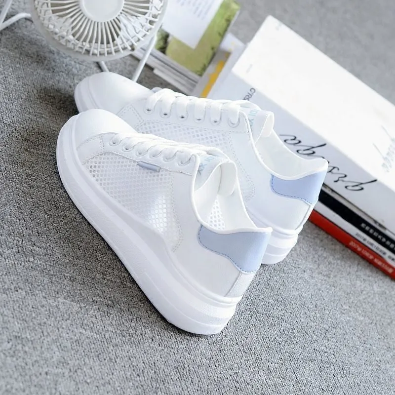 Women's casual mesh breathable sneakers, lightweight lace-up with rubber sole, available in black, light blue, pink