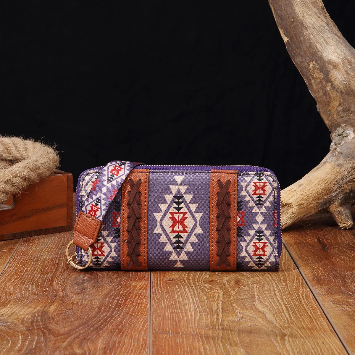 Vintage cotton and linen printed bohemian hand-carrying wallet card holder with contrast colour stitching