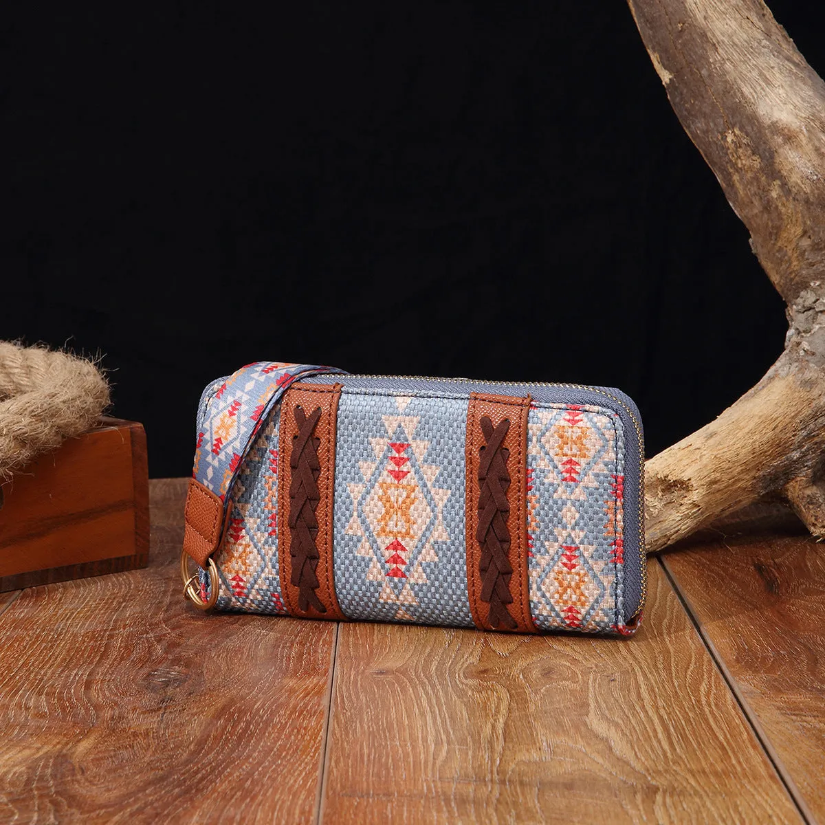 Vintage cotton and linen printed bohemian hand-carrying wallet card holder with contrast colour stitching
