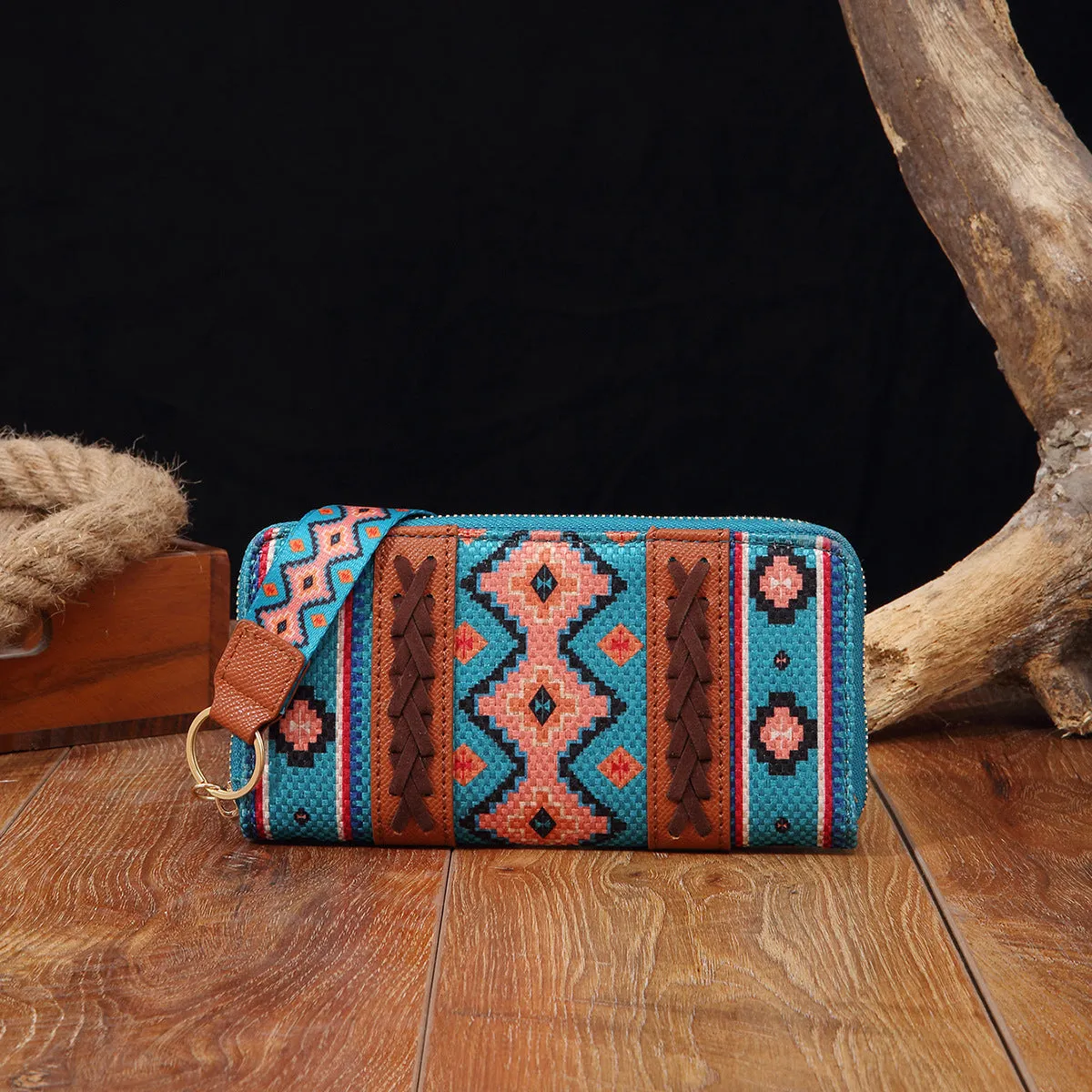 Vintage cotton and linen printed bohemian hand-carrying wallet card holder with contrast colour stitching