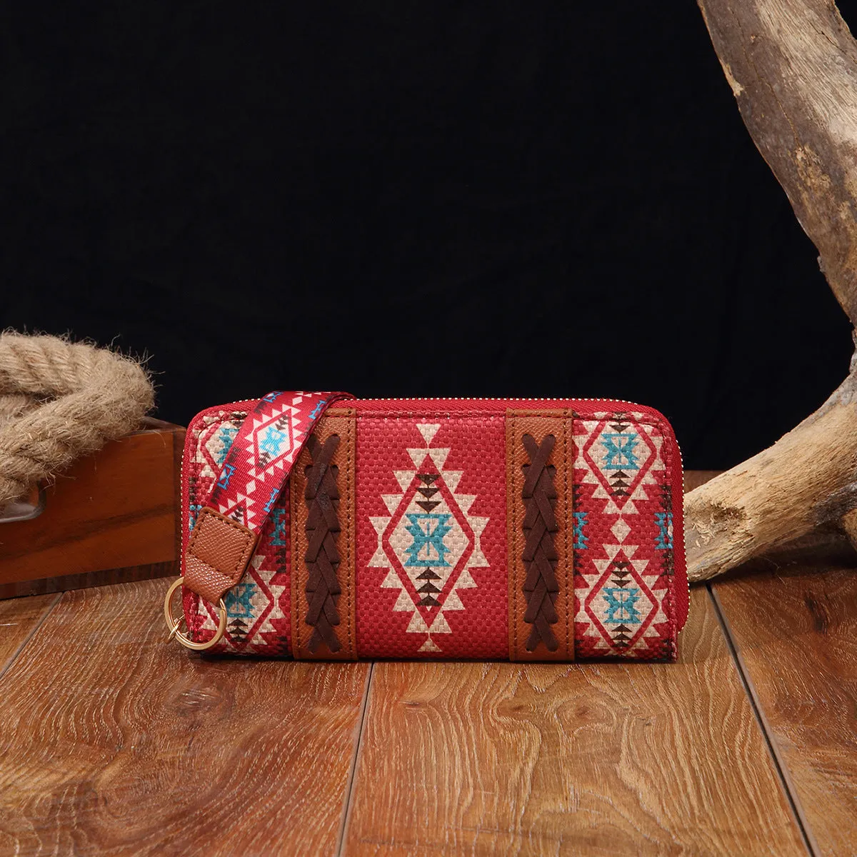 Vintage cotton and linen printed bohemian hand-carrying wallet card holder with contrast colour stitching