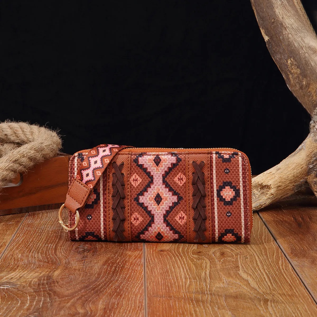Vintage cotton and linen printed bohemian hand-carrying wallet card holder with contrast colour stitching