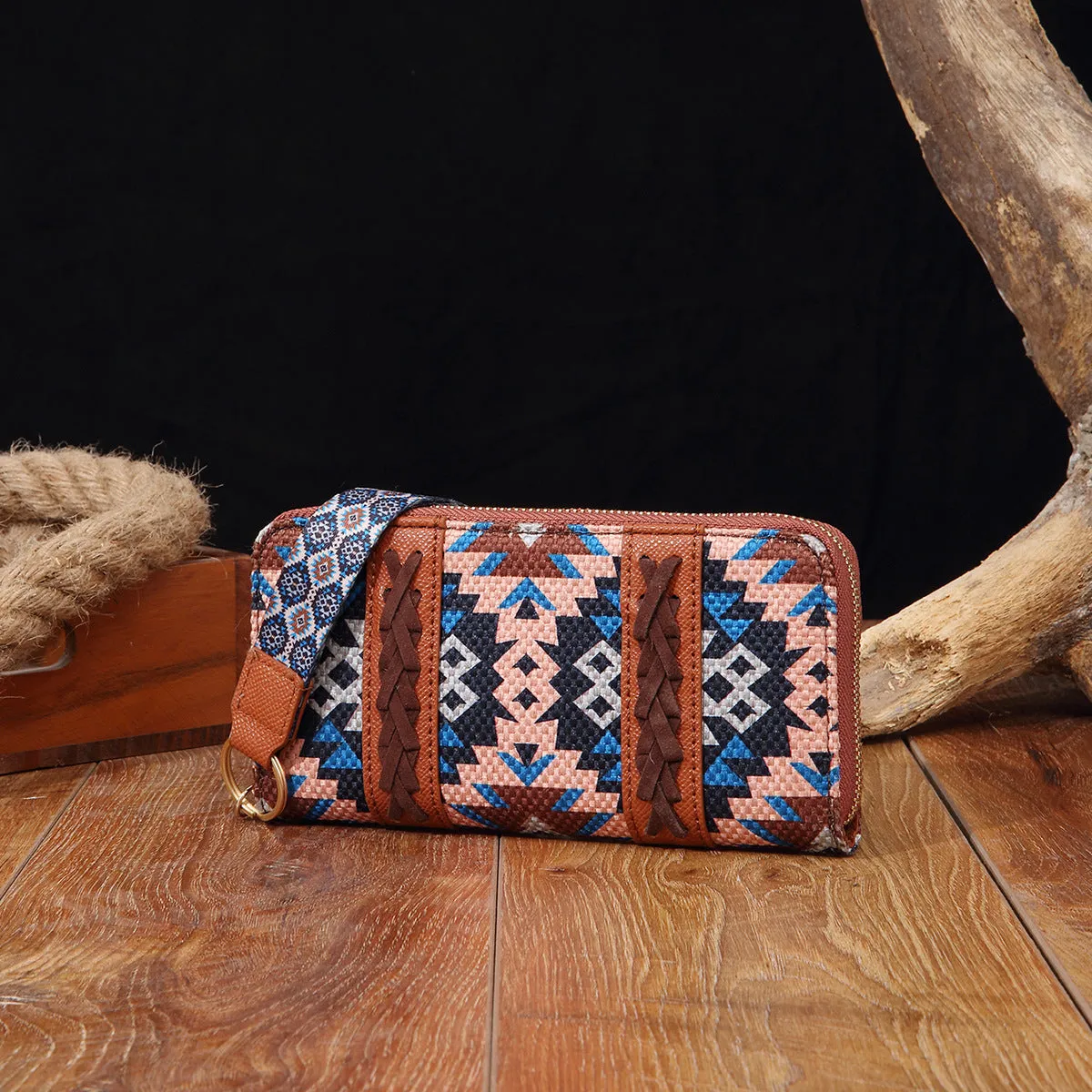 Vintage cotton and linen printed bohemian hand-carrying wallet card holder with contrast colour stitching