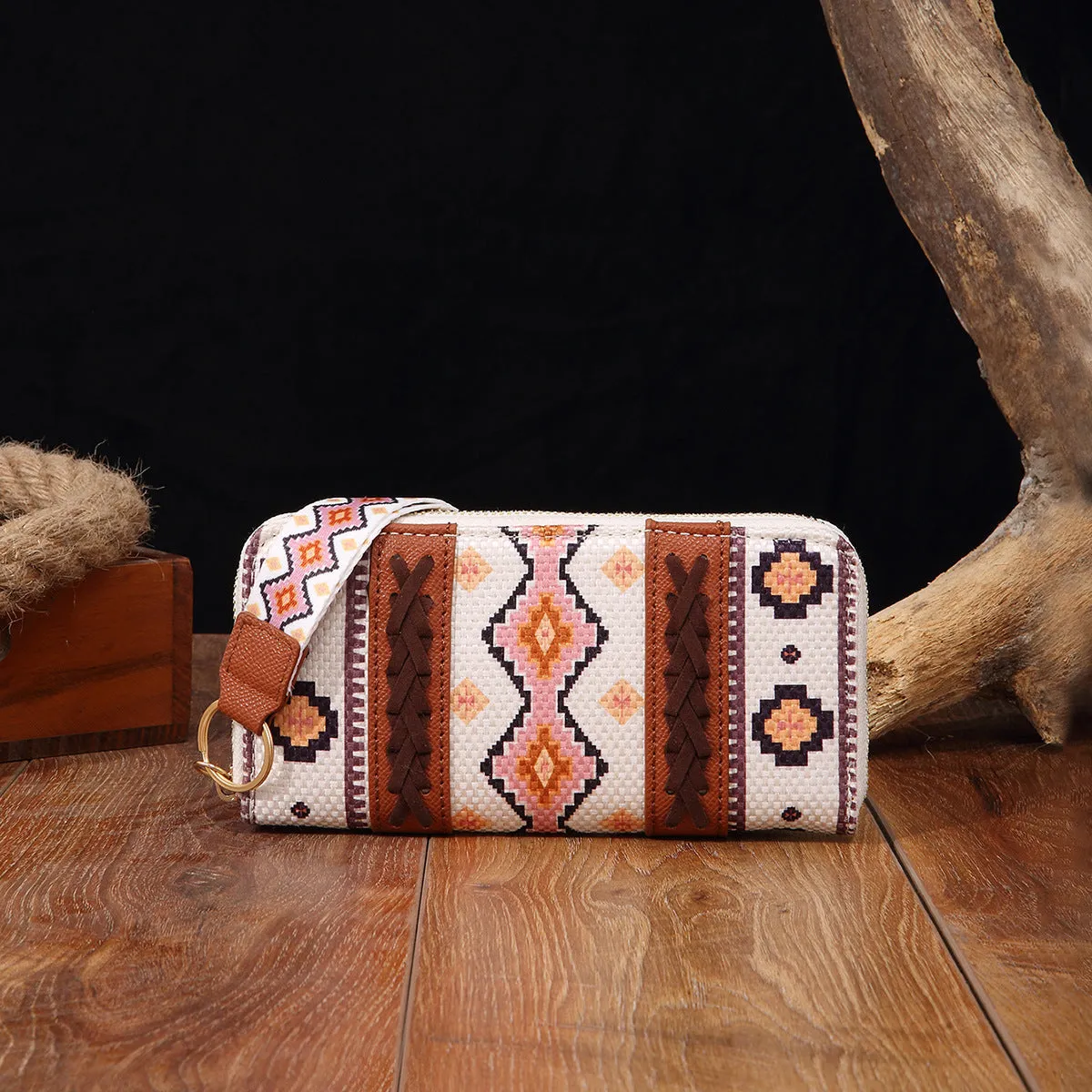 Vintage cotton and linen printed bohemian hand-carrying wallet card holder with contrast colour stitching