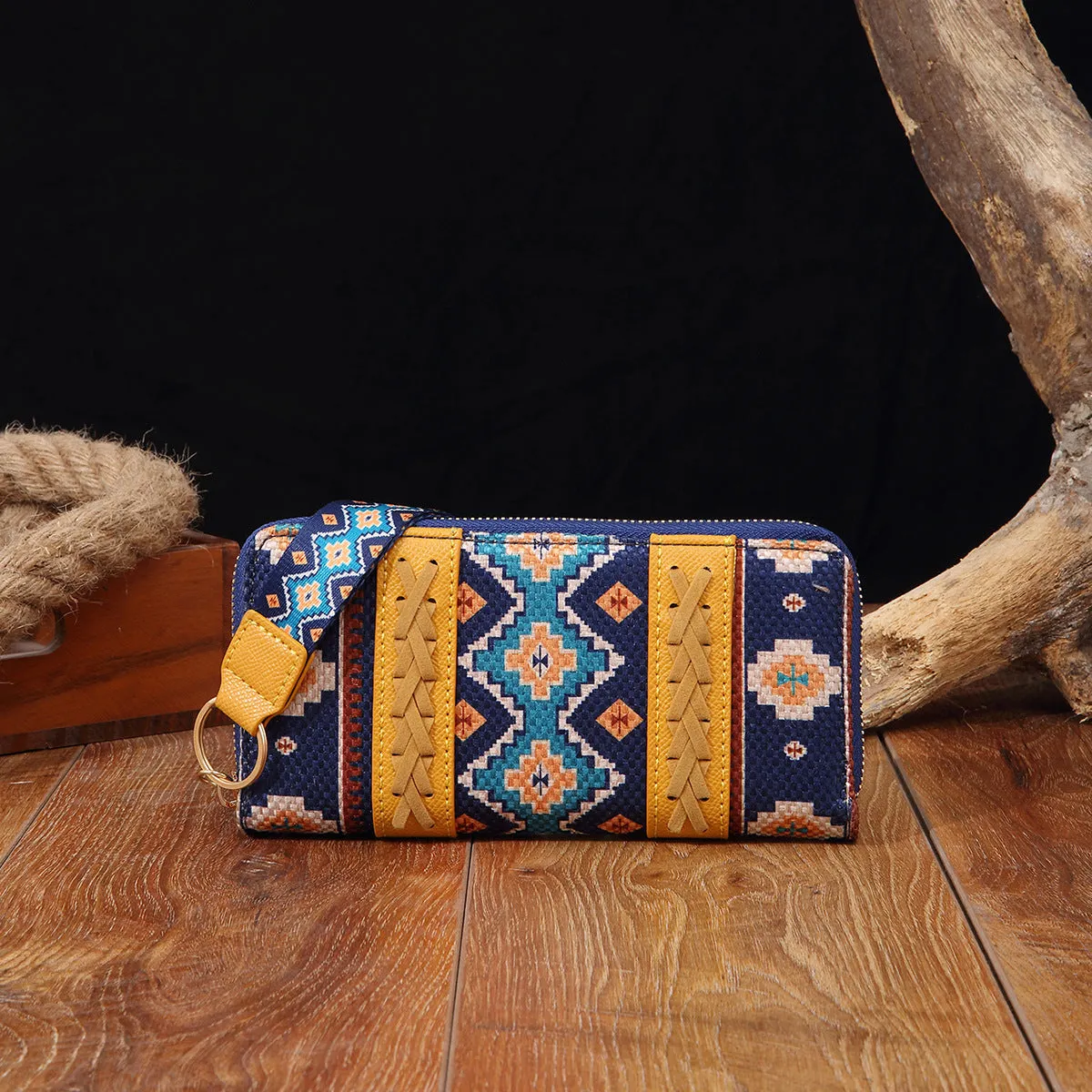 Vintage cotton and linen printed bohemian hand-carrying wallet card holder with contrast colour stitching