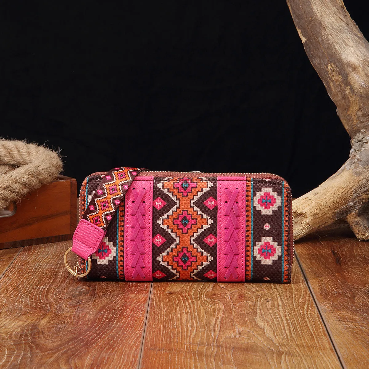 Vintage cotton and linen printed bohemian hand-carrying wallet card holder with contrast colour stitching