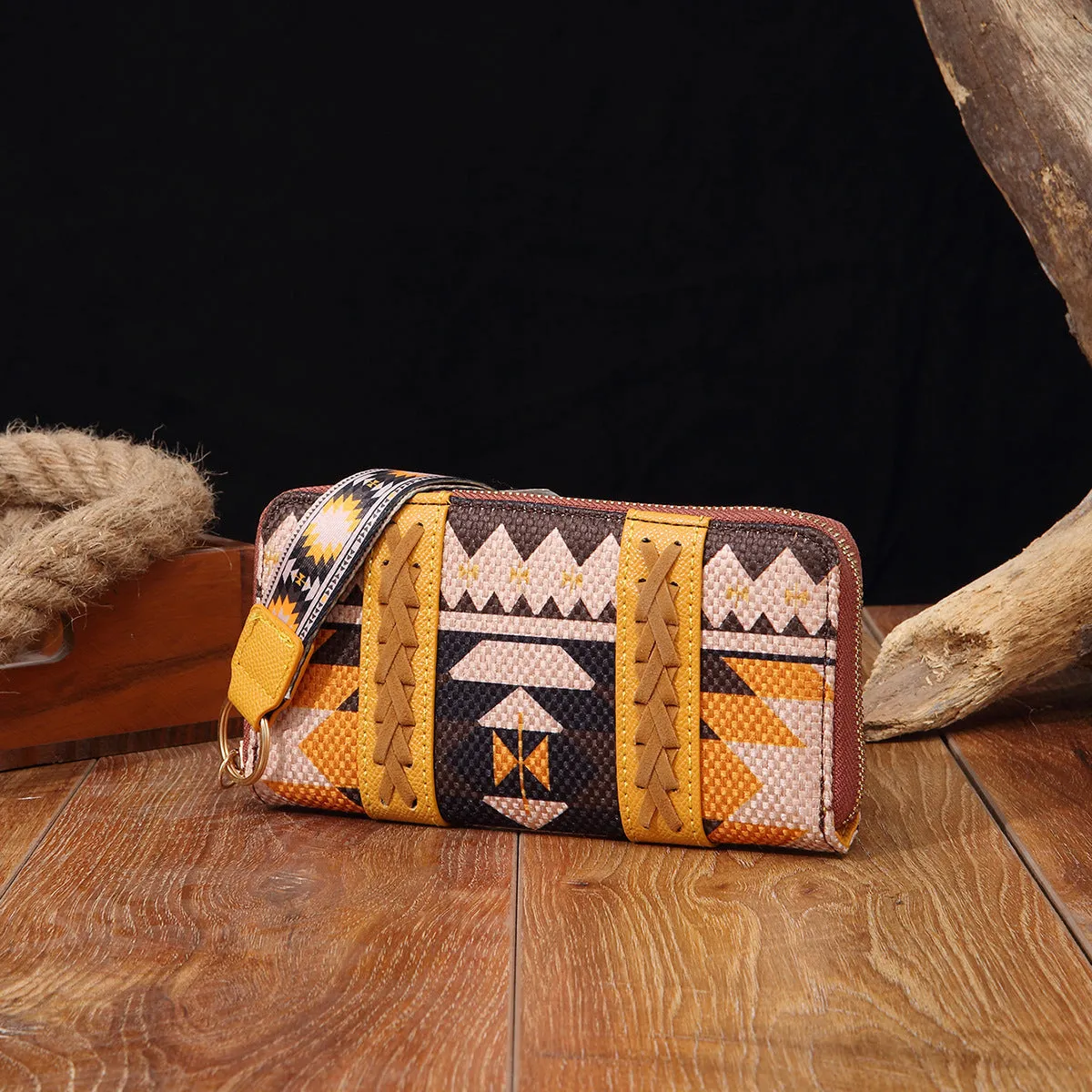 Vintage cotton and linen printed bohemian hand-carrying wallet card holder with contrast colour stitching