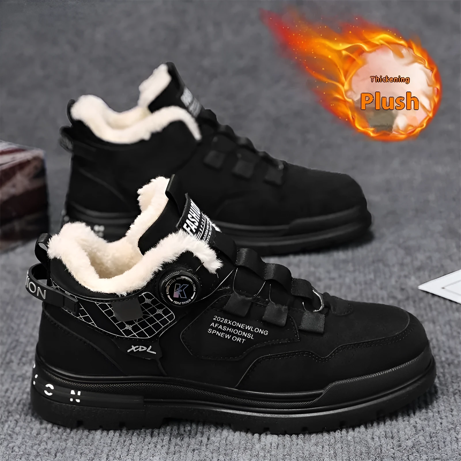 Casual rotating button men's leather slip-on shoes with chunky heel, black colour