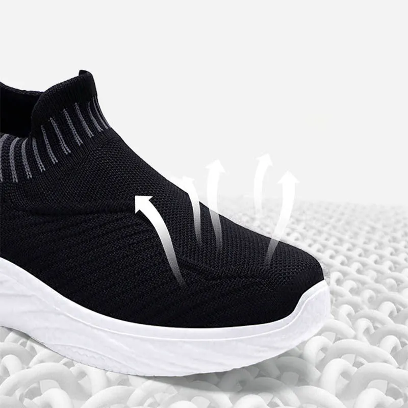 Striped flat sneakers women lightweight breathable sock flats slip on shoes black colour