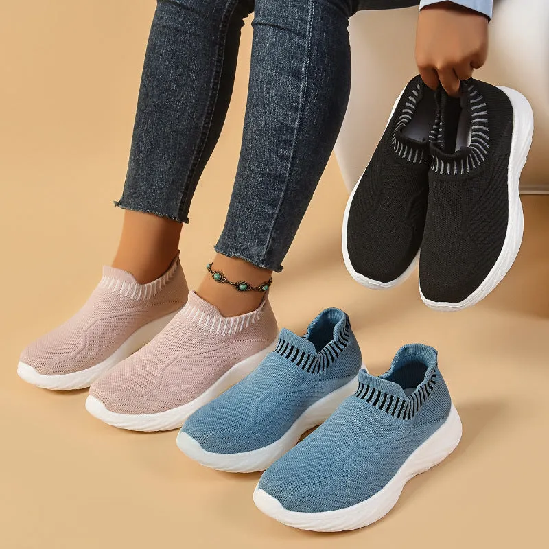 Striped flat sneakers women lightweight breathable sock flats slip on shoes black colour