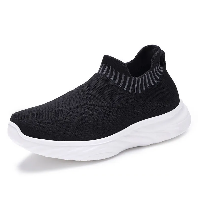 Striped flat sneakers women lightweight breathable sock flats slip on shoes black colour