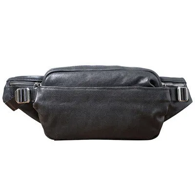 Men's small black head layer cowhide cross-body backpack with zip closure and single shoulder strap