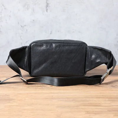 Men's small black head layer cowhide cross-body backpack with zip closure and single shoulder strap