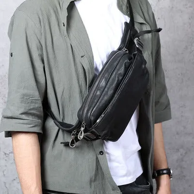 Men's small black head layer cowhide cross-body backpack with zip closure and single shoulder strap