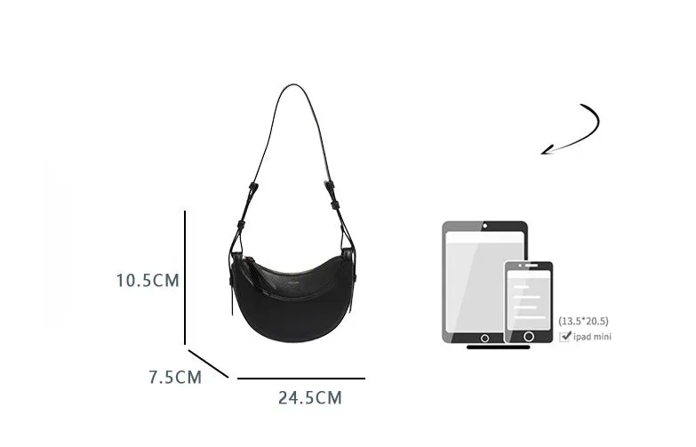 Women's crescent shoulder bag with litchi pattern texture, available in camel, black, chalk white, and elephant gray