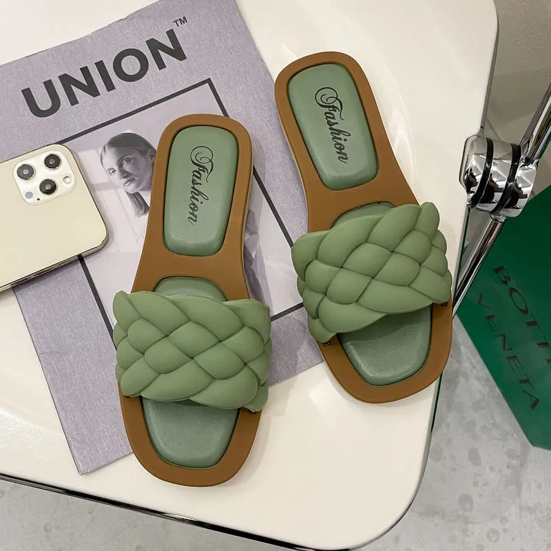 Women's PVC plaid beach sandals with a thick non-slip sole in black, green, orange, and white colour options.