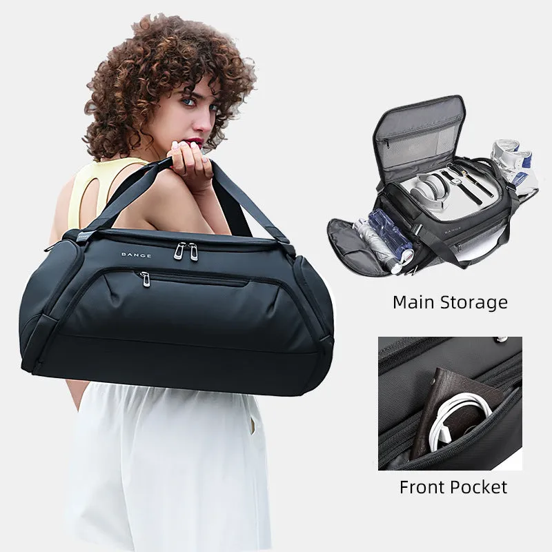 Large grey wet dry separation yoga travel bag made of Oxford cloth with zipper pockets and double carry straps