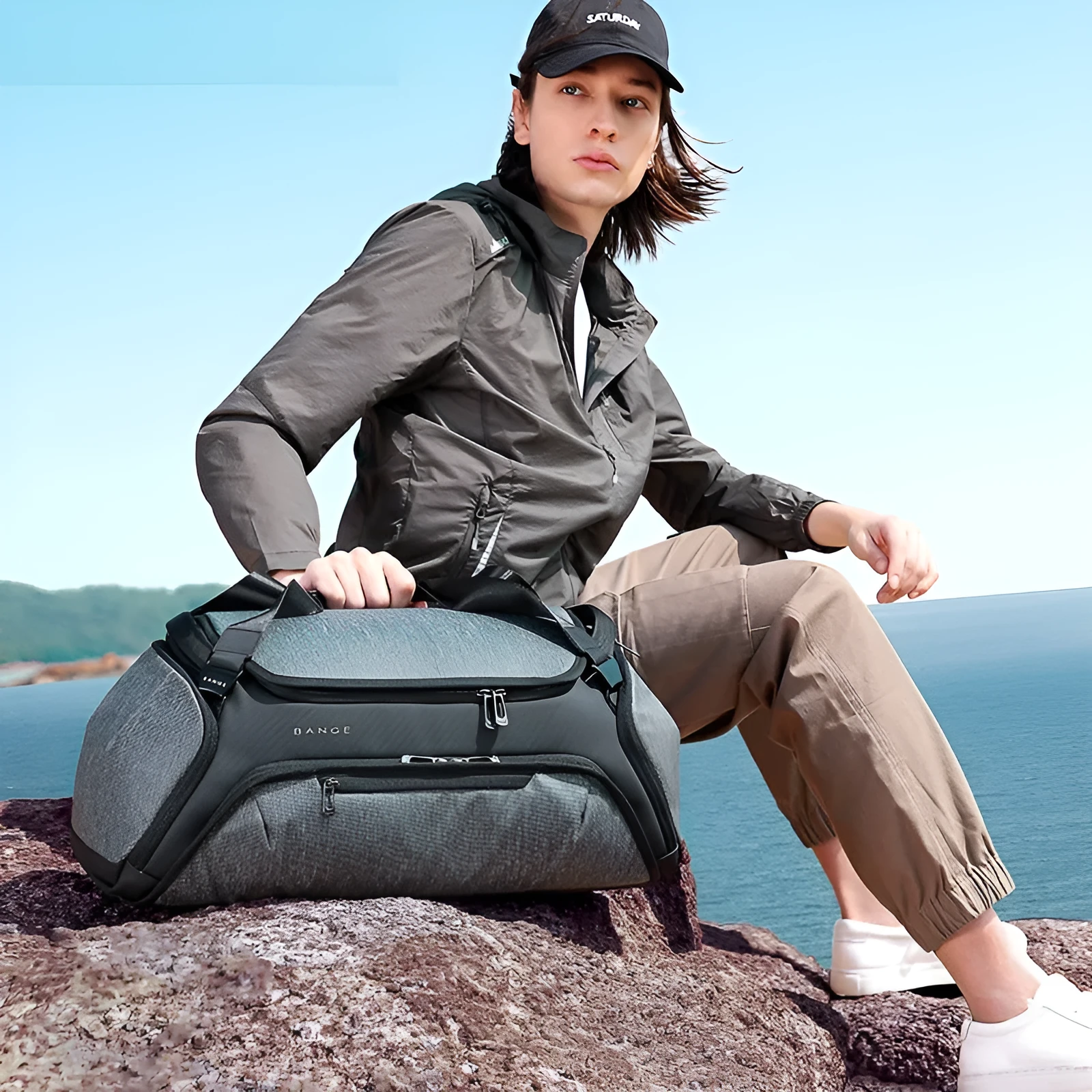 Large grey wet dry separation yoga travel bag made of Oxford cloth with zipper pockets and double carry straps