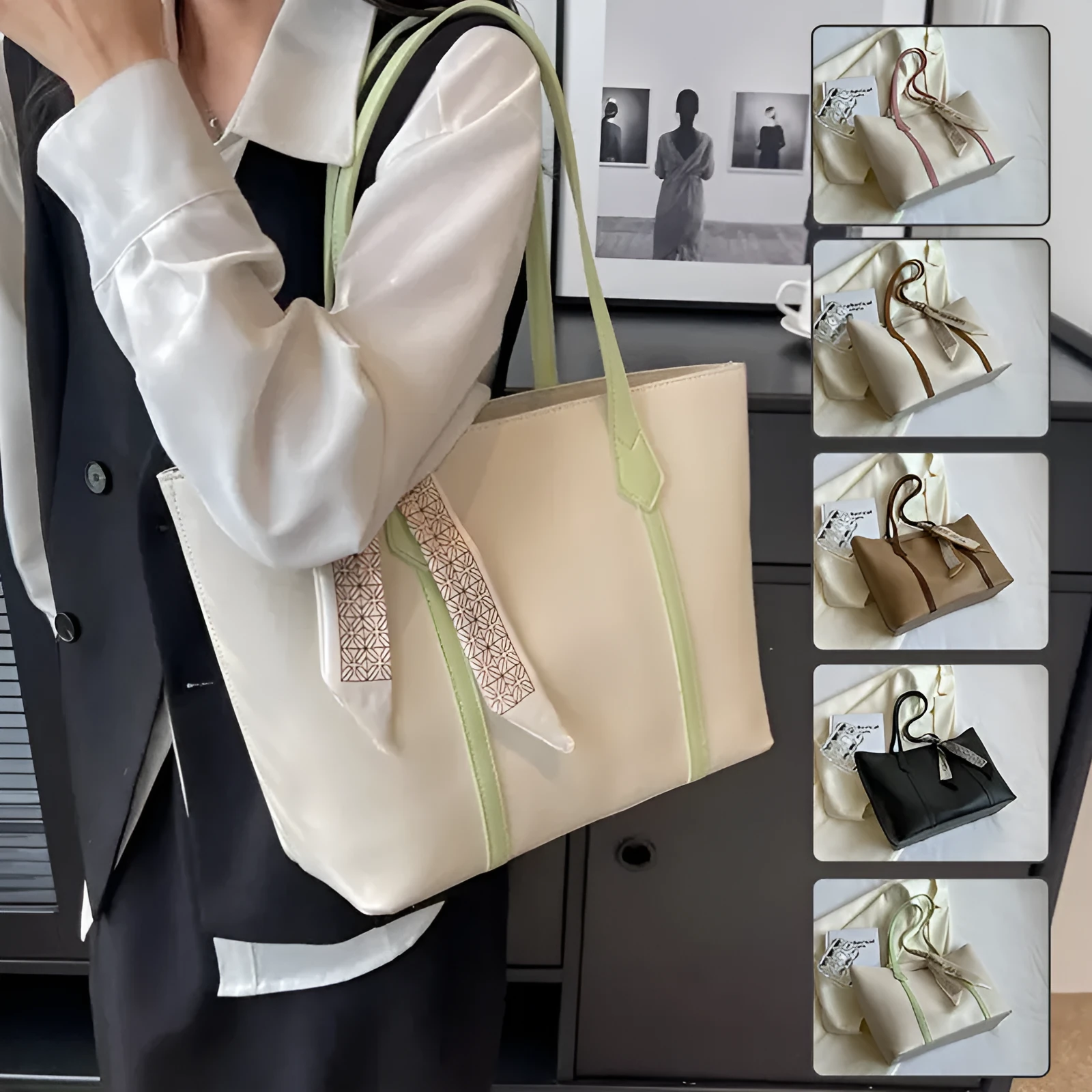 Soft large tote shoulder bag with crossbody strap in multiple colour options including black, khaki, and white with coloured trim