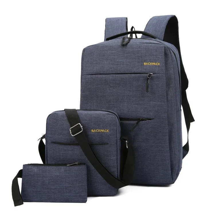 Three-piece casual backpack set in Oxford cloth with denim texture, available in wine red and other colours