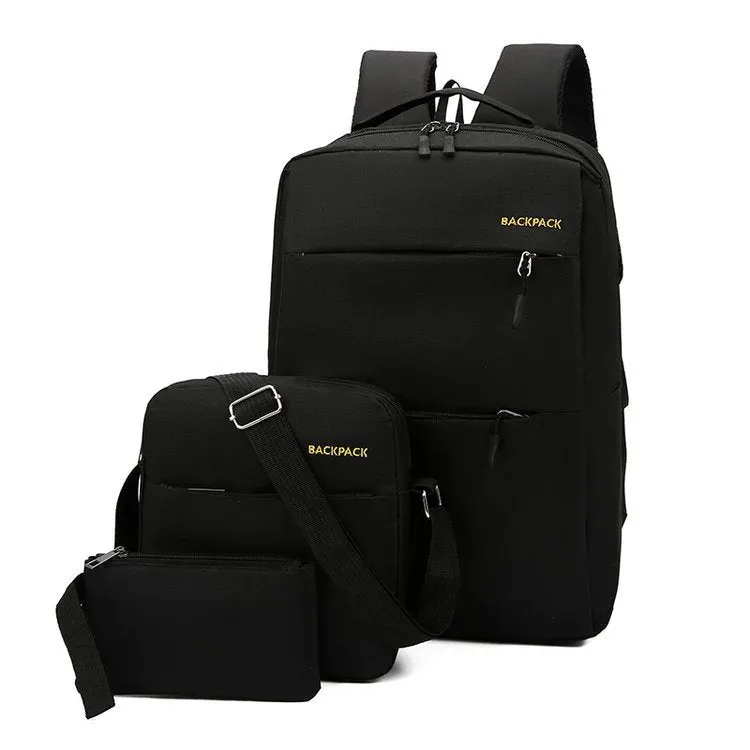 Three-piece casual backpack set in Oxford cloth with denim texture, available in wine red and other colours
