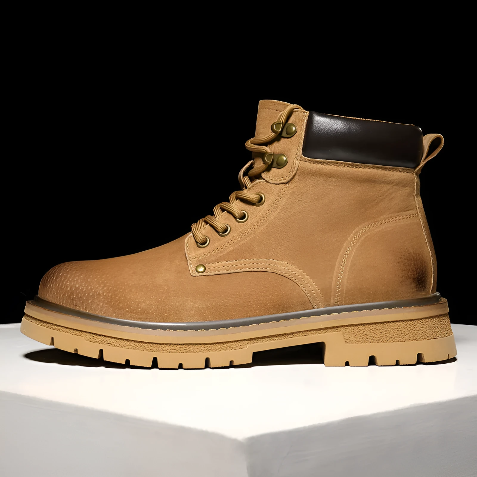 Men's British workwear style hiking boots brown frosted finish rubber sole lace-up round toe