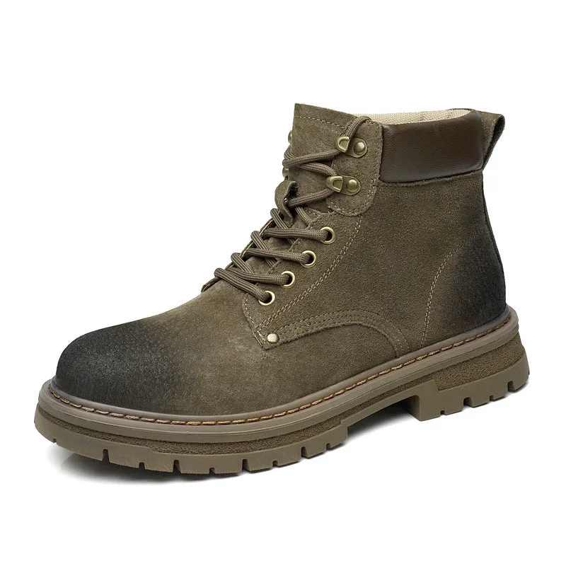 Men's British workwear style hiking boots brown frosted finish rubber sole lace-up round toe