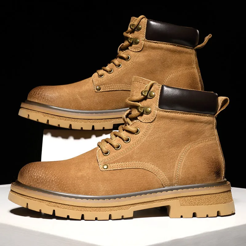 Men's British workwear style hiking boots brown frosted finish rubber sole lace-up round toe