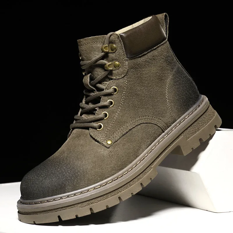 Men's British workwear style hiking boots brown frosted finish rubber sole lace-up round toe