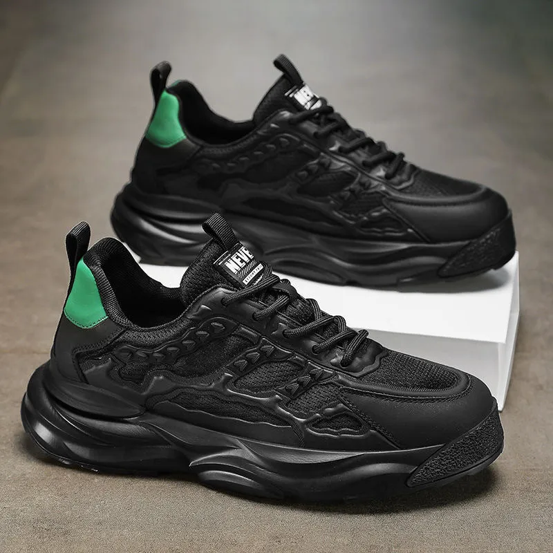 Men's white and black breathable mesh shoes with round toe and PU mesh upper construction