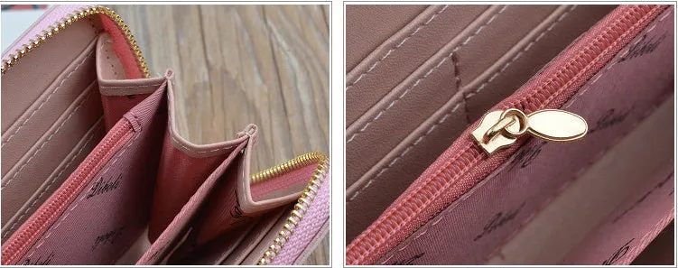 Women's long zip wallet in black PU leather with zipper closure and compact dimensions