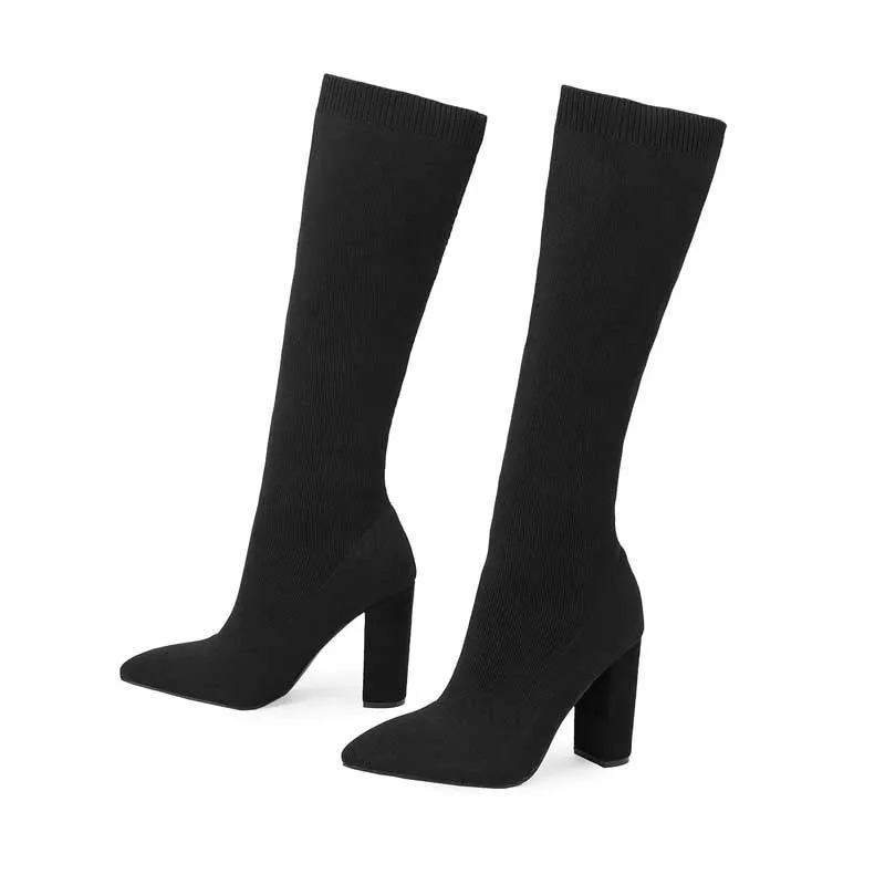 Women's thick high-heel thigh boots in solid black colour with PU upper and super high heel above 8cm
