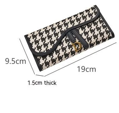 Women's canvas long wallet in houndstooth pattern with letter design, large capacity retro style