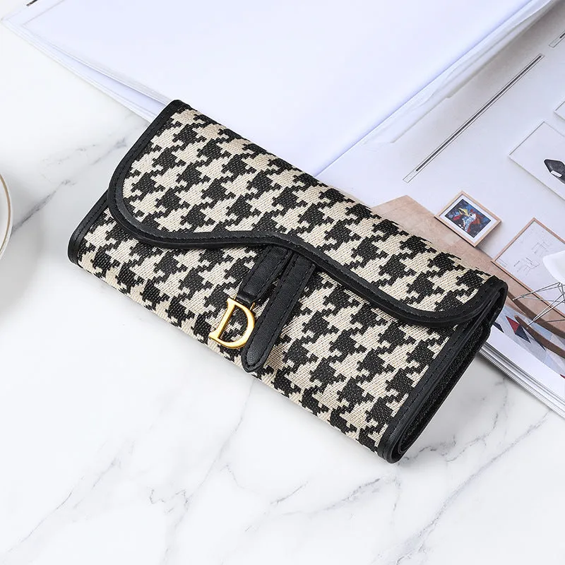 Women's canvas long wallet in houndstooth pattern with letter design, large capacity retro style