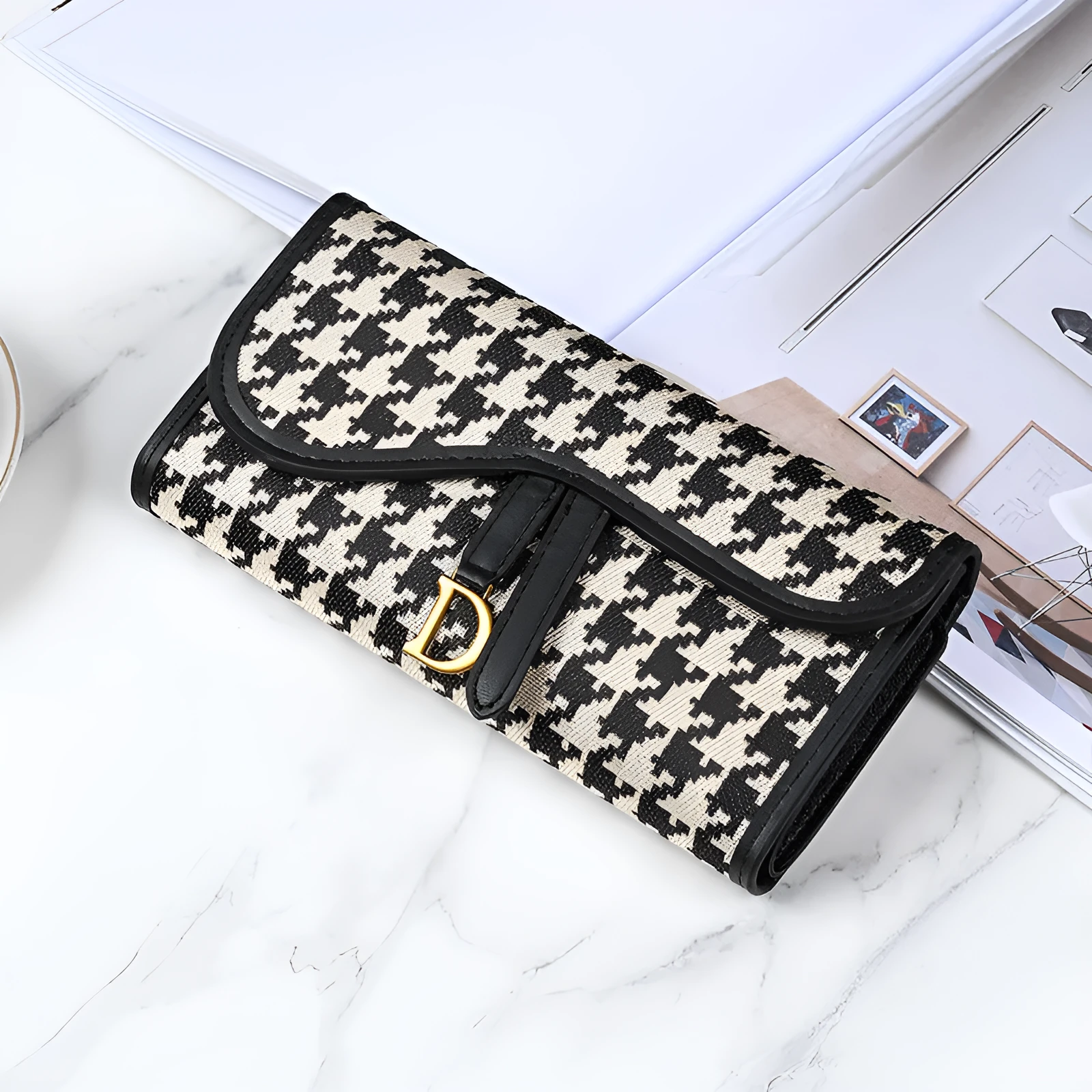 Women's canvas long wallet in houndstooth pattern with letter design, large capacity retro style