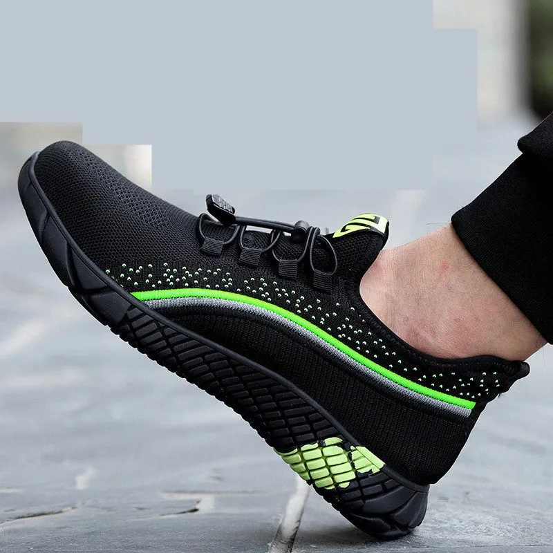 Men's flying woven breathable low-cut puncture-proof labour insurance safety shoes in black and green colour