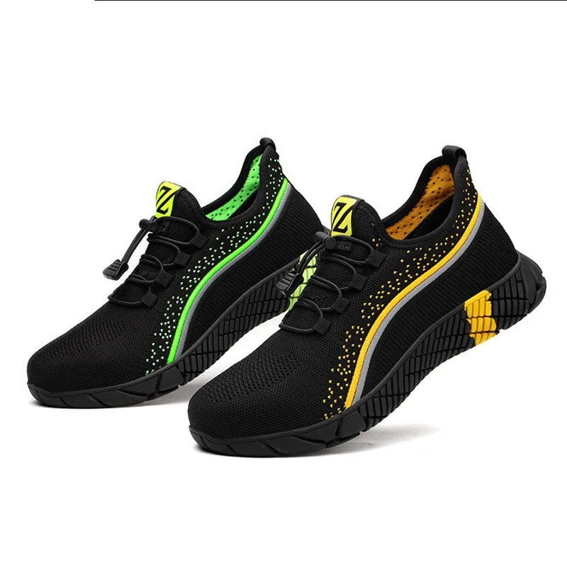 Men's flying woven breathable low-cut puncture-proof labour insurance safety shoes in black and green colour