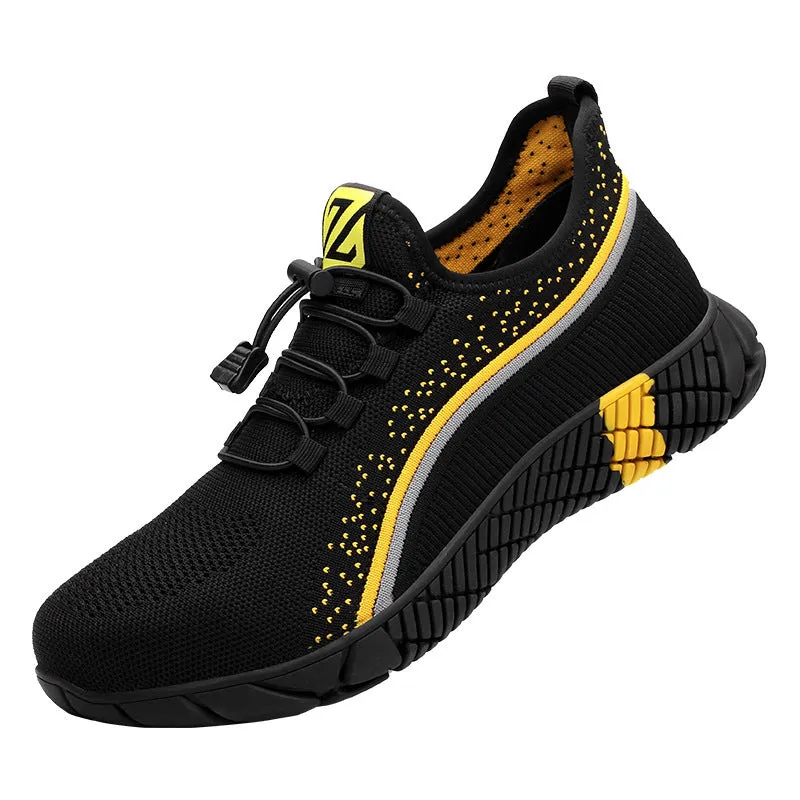 Men's flying woven breathable low-cut puncture-proof labour insurance safety shoes in black and green colour