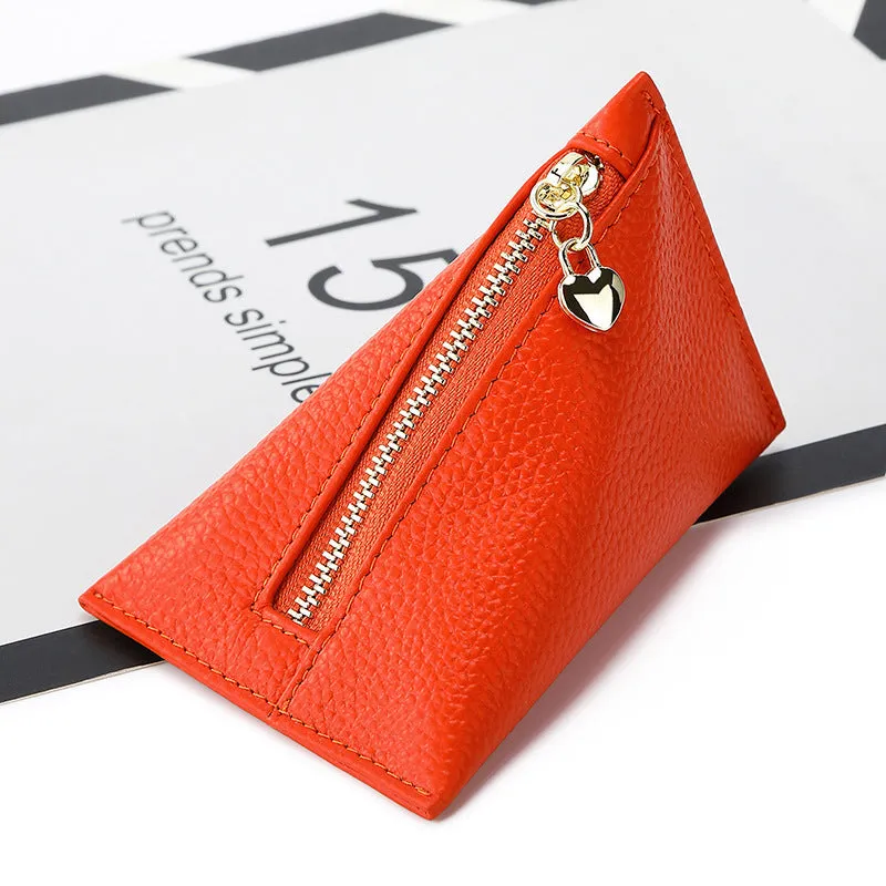 Women's small genuine leather mini coin purse in solid colour with sewing thread detailing