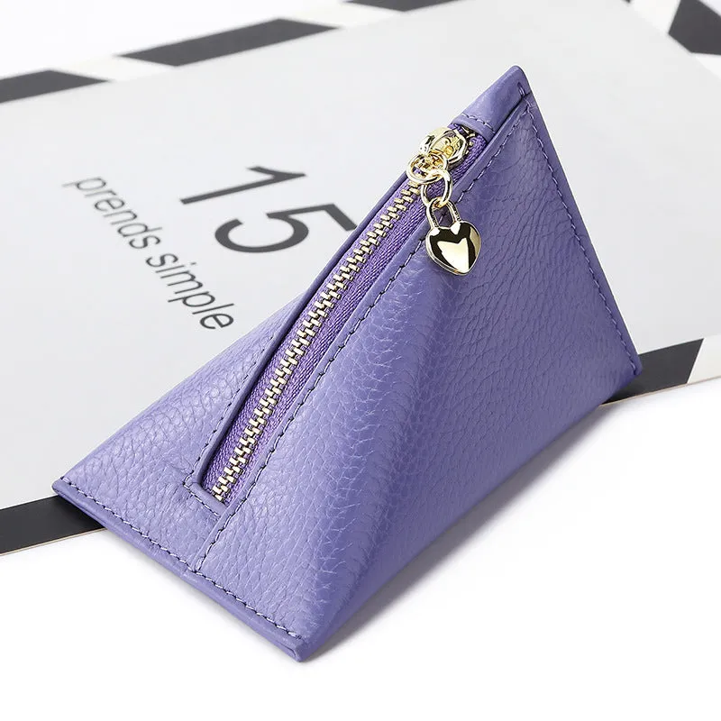 Women's small genuine leather mini coin purse in solid colour with sewing thread detailing