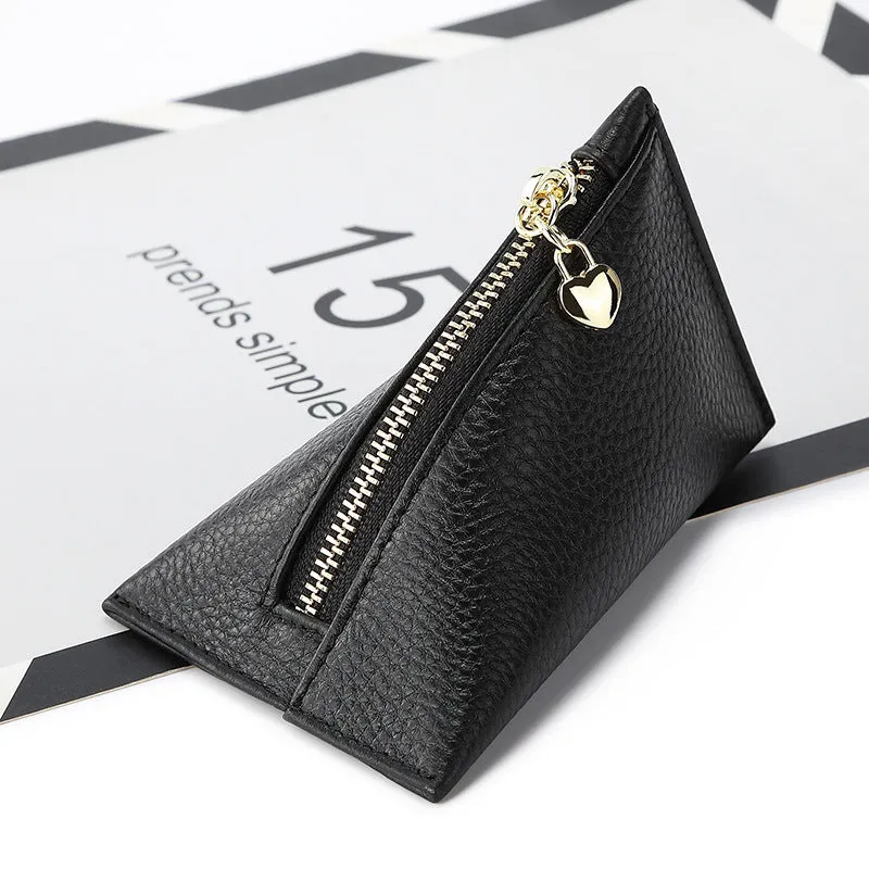 Women's small genuine leather mini coin purse in solid colour with sewing thread detailing