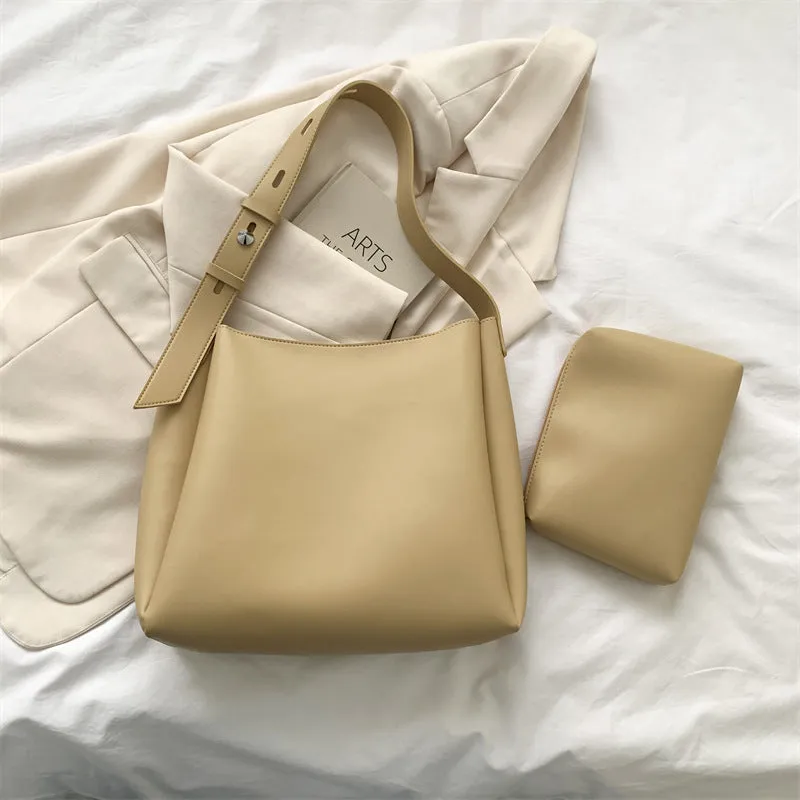 Large soft PU shoulder tote bag for women with detachable small bag in khaki, 33x30x10cm