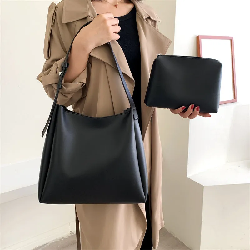 Large soft PU shoulder tote bag for women with detachable small bag in khaki, 33x30x10cm