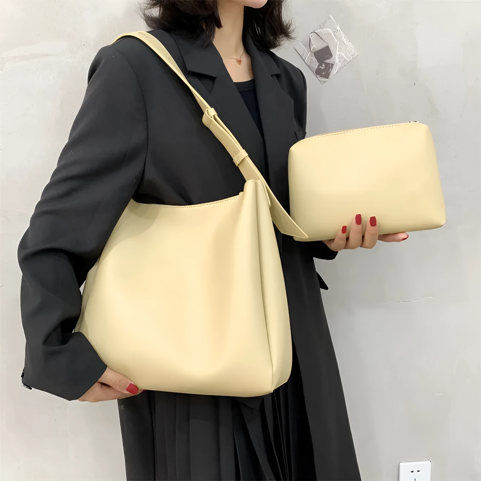 Large soft PU shoulder tote bag for women with detachable small bag in khaki, 33x30x10cm